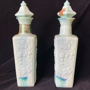 Vintage Pair Floral Jadeite Beams Choice EMPTY Lidded Whiskey Decanter Bottles